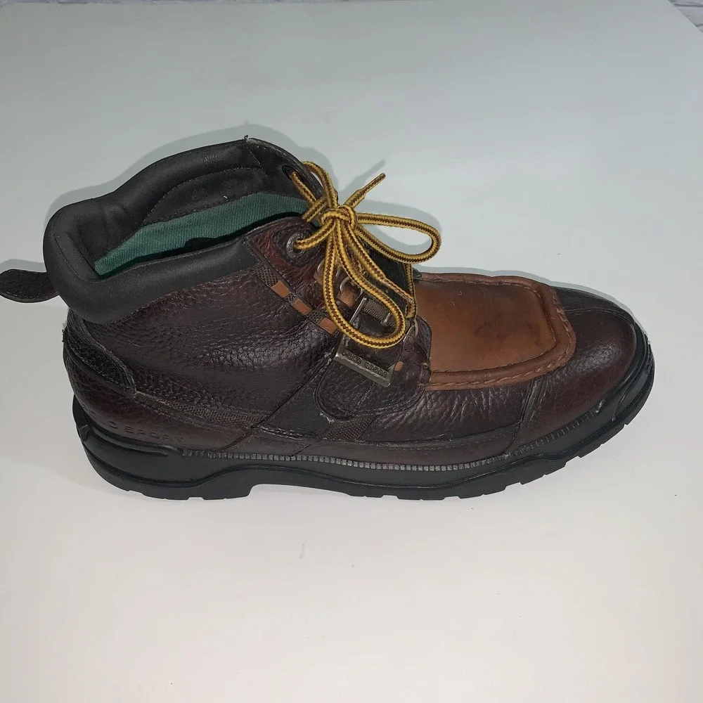 Polo Sport Boots Mens Size 11 Brown Leather Combat Ankle Strap Buckle Lace Up
